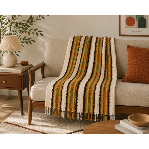Handmade Other - Handmade Crochet Afghan Throw Blanket MCM Boho Retro Striped Fringe Earthy 40x68